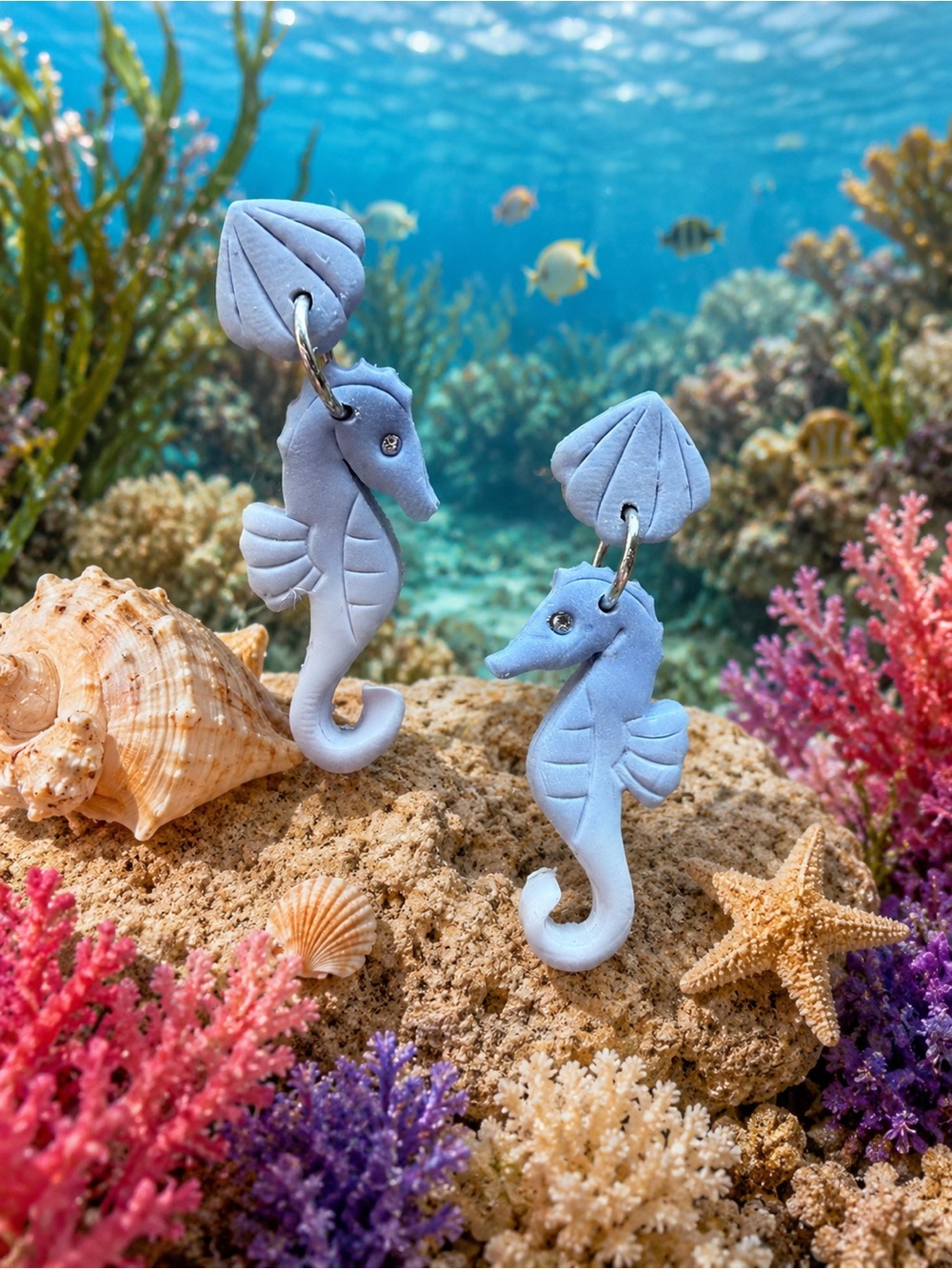 Lavender Seahorse Dangle Handmade Polymer Clay Earrings